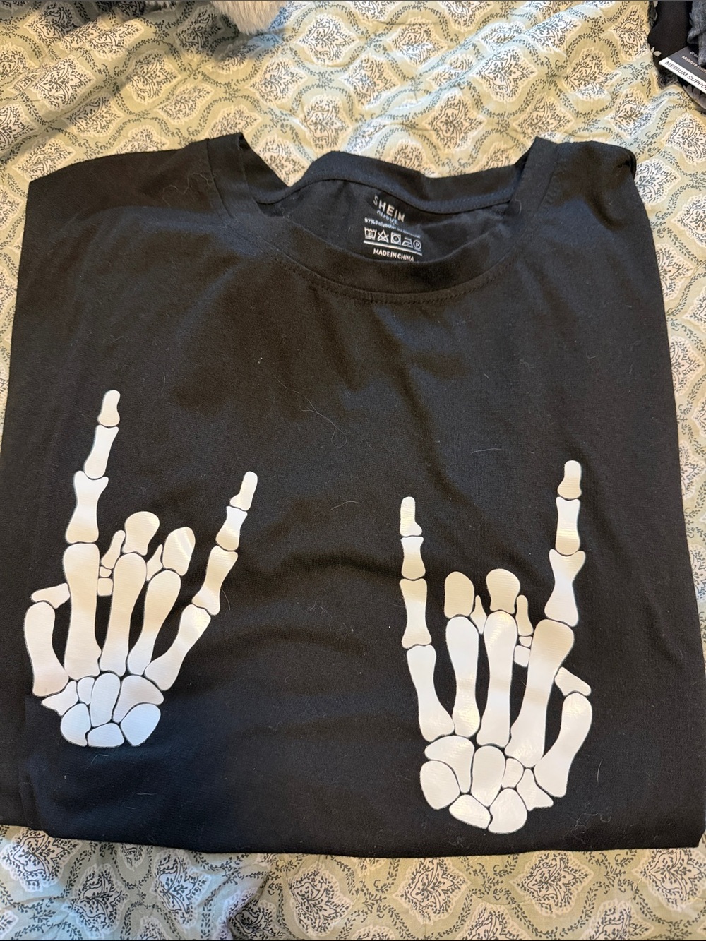 SHEIN Black Tee with White Skeleton Hand Graphics
